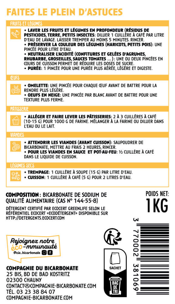 Face arrière étiquette bicarbonate grains fins 1kg