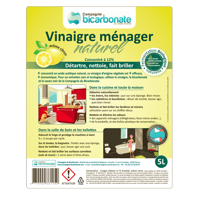 étiquette vinaigre blanc naturel Compagnie du Bicarbonate - Parfium citron