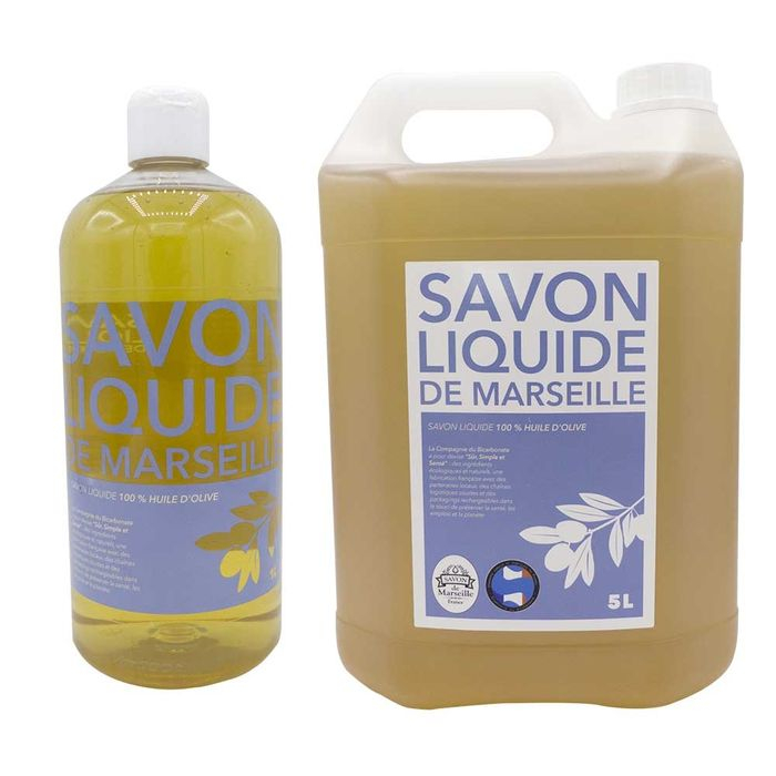 Savon liquide de Marseille 100% huile d'olive neutre en conditionnement de 1L et 5L