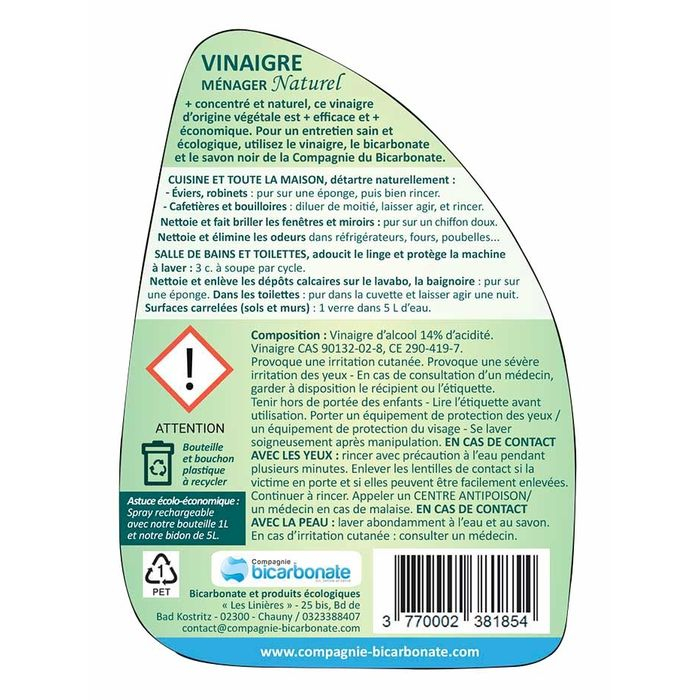 Etiquette du vinaigre blanc ménager en spray rechargeable (verso)