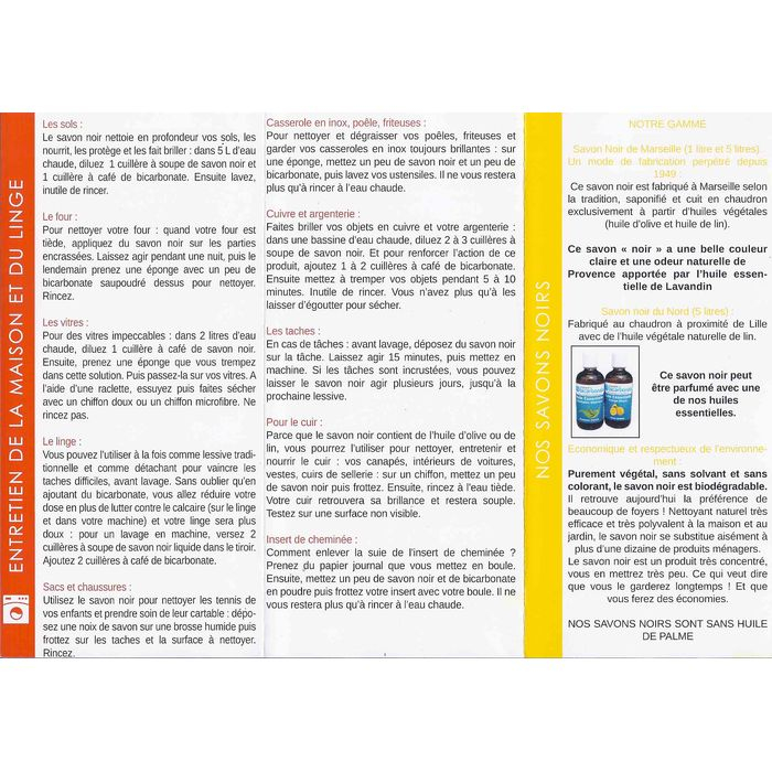 verso du mini-guide du savon noir : offert pour toute commande de savon noir