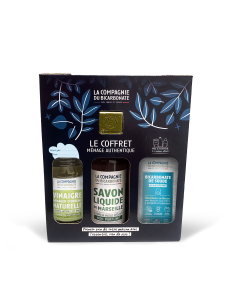 Le coffret ménage authentique composé de vinaigre blanc, de savon liquide de Marseille et du bicarbonate de soude