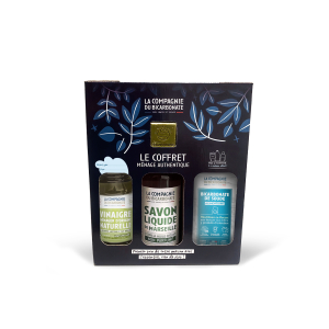 Le coffret ménage authentique composé de vinaigre blanc, de savon liquide de Marseille et du bicarbonate de soude