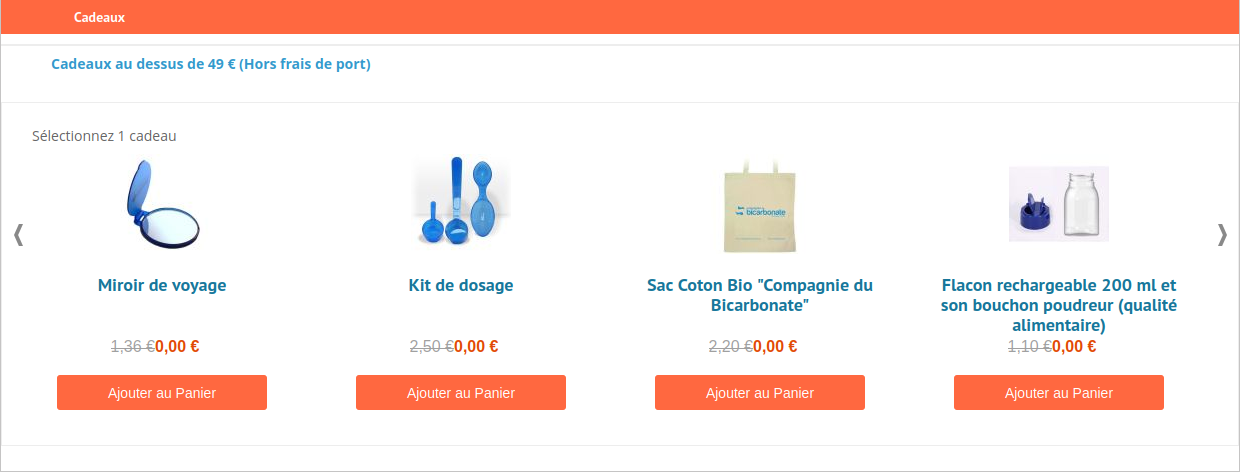 screenshot cadeaux dans le panier de la cie du bicarbonate
