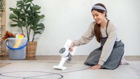 Femme qui aspire son tapis
