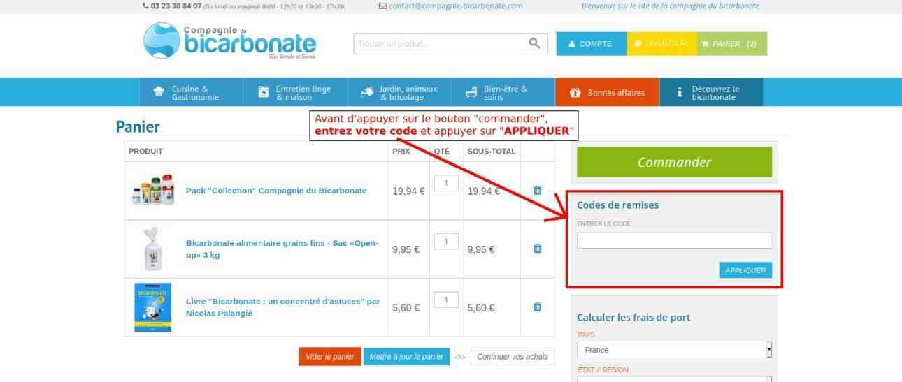 Appliquer un code promo sur le site de la compagnie du bicarbonate