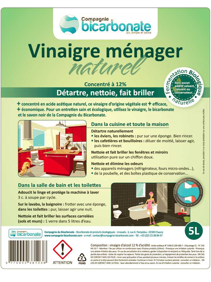 Précautions d'emploi du vinaigre naturel de la cie du bicarbonate